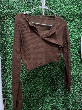 Brown Waffle Knit Long Sleeve Crop Top - Women